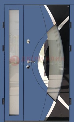 Синяя металлическая дверь со стеклом и узором ДС-13 в Ставрополе