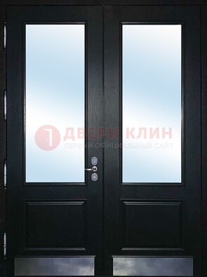 Черная двухстворчатая металлическая дверь со стеклом ДС-25 в Ставрополе