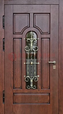 Cтальная дверь со стеклом и ковкой в коричневом цвете ДСК-119 в Ставрополе