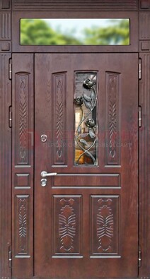 Коричневая железная дверь со стеклом и ковкой на улицу ДСК-127 в Ставрополе