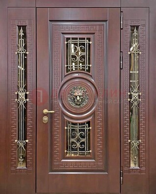 Коричневая стальная дверь со стеклом и ковкой ДСК-147 с фрамугами в Ставрополе