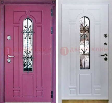 Розовая металлическая дверь со стеклом и ковкой ДСК-151 в Ставрополе
