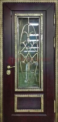 Темная уличная дверь порошок со стеклом и ковкой ДСК-167 в Ставрополе