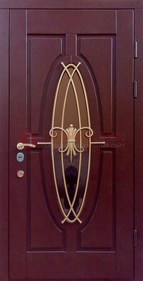 Бордовая стальная дверь Винорит со стеклом и ковкой ДСК-263 в Краснознаменске