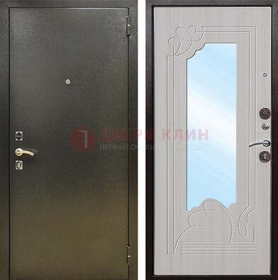 Входная темно-серая дверь c порошковым покрытием и МДФ с резьбой и зеркалом ДЗ-113 в Ставрополе