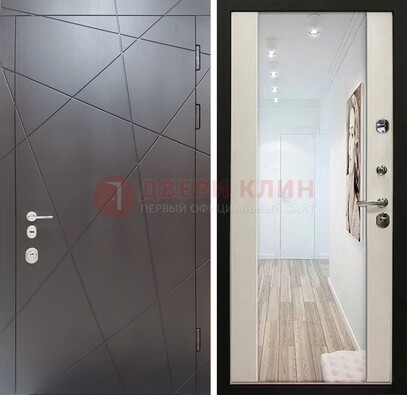 Железная коричневая дверь со светлой МДФ внутри и зеркалом ДЗ-125 в Ставрополе