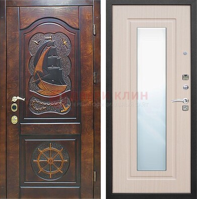 Темная дверь с резьбой и зеркалом внутри ДЗ-49 в Ставрополе