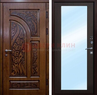 Коричневая входная дверь c узором и виноритом МДФ с зеркалом ДЗ-98 в Ставрополе