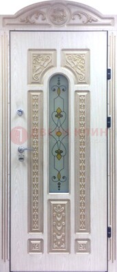 Белая железная дверь с МДФ и витражом ВЖ-26 в Ставрополе